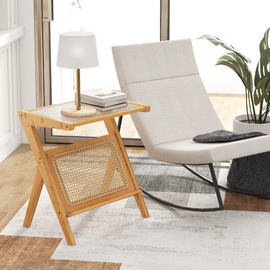 Boho End Table with Magazine Rack and Tempered Glass Top-Walnut W2B
