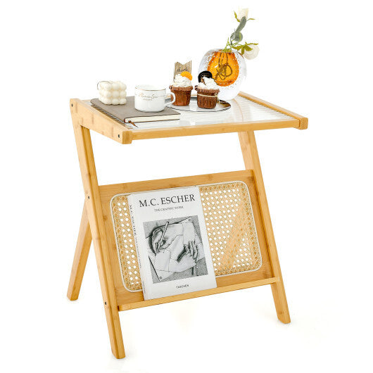 Boho End Table with Magazine Rack and Tempered Glass Top-Walnut W2B