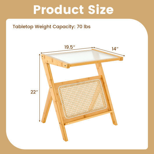 Boho End Table with Magazine Rack and Tempered Glass Top-Walnut W2B