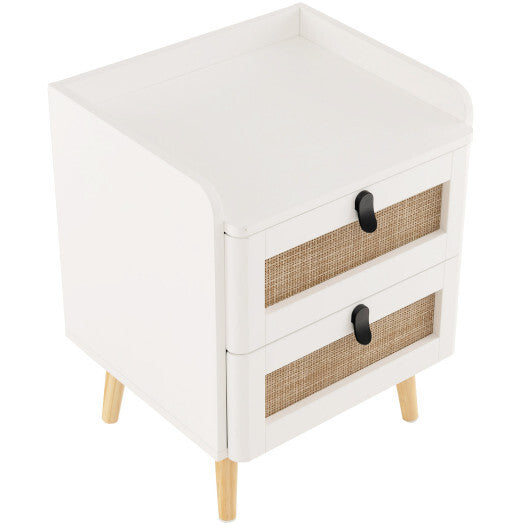 Modern End Table Bedside Table with 2 Rattan Decorated Drawers-White W2B