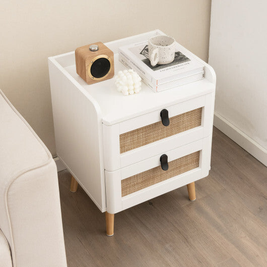 Modern End Table Bedside Table with 2 Rattan Decorated Drawers-White W2B