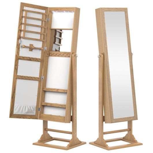 Freestanding Lockable Jewelry Armoire with Full-Length Mirror and 6 LED Lights-Beige
