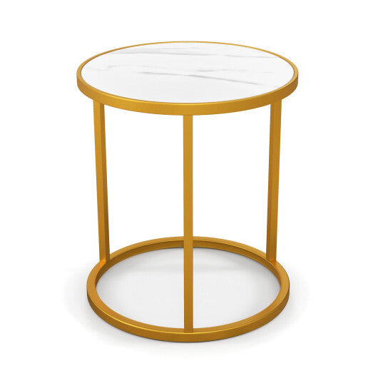 Marble Top Round Side Table 16-Inch End Table with Golden Metal Frame-2 Pieces W2B