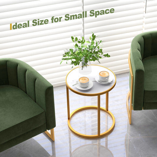 Marble Top Round Side Table 16-Inch End Table with Golden Metal Frame-2 Pieces W2B