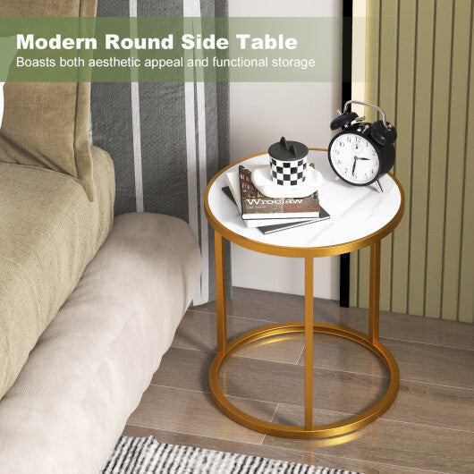 Marble Top Round Side Table 16-Inch End Table with Golden Metal Frame-2 Pieces W2B