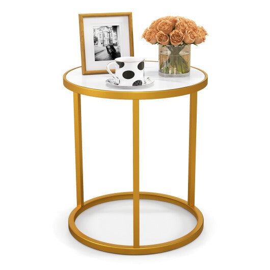 Marble Top Round Side Table 16-Inch End Table with Golden Metal Frame-2 Pieces W2B