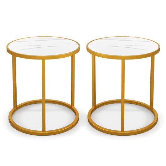 Marble Top Round Side Table 16-Inch End Table with Golden Metal Frame-2 Pieces W2B