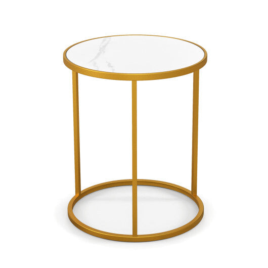 16 Inch Marble Top Round Side Table with Golden Metal Frame for Living Room Bedroom-Set of 2 W2B