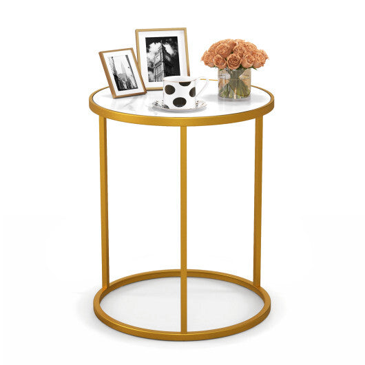 16 Inch Marble Top Round Side Table with Golden Metal Frame for Living Room Bedroom-Set of 2 W2B