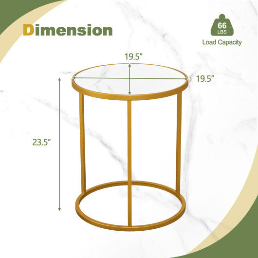 16 Inch Marble Top Round Side Table with Golden Metal Frame for Living Room Bedroom-Set of 2 W2B