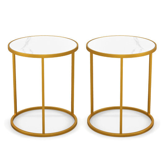 16 Inch Marble Top Round Side Table with Golden Metal Frame for Living Room Bedroom-Set of 2 W2B