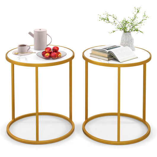 16 Inch Marble Top Round Side Table with Golden Metal Frame for Living Room Bedroom-Set of 2 W2B