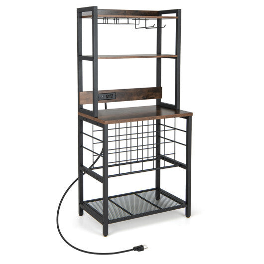 Wine Bar Cabinet Wine Rack with 4 Tier Storage Shelves and Glass Holders-Brown W2B