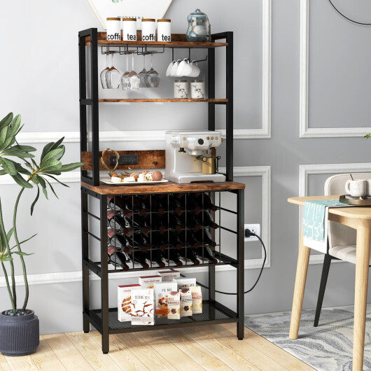 Wine Bar Cabinet Wine Rack with 4 Tier Storage Shelves and Glass Holders-Brown W2B