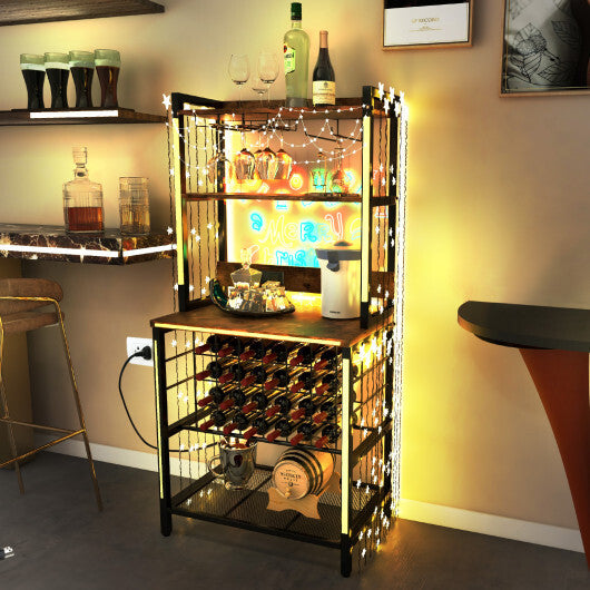 Wine Bar Cabinet Wine Rack with 4 Tier Storage Shelves and Glass Holders-Brown W2B