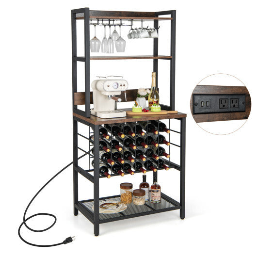 Wine Bar Cabinet Wine Rack with 4 Tier Storage Shelves and Glass Holders-Brown W2B