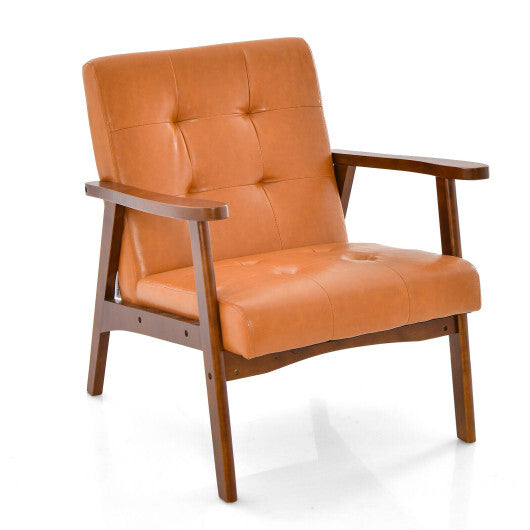 Mid Century Modern Accent Chair with Solid Rubber Wood Frame and Leather Cover-Brown W2B