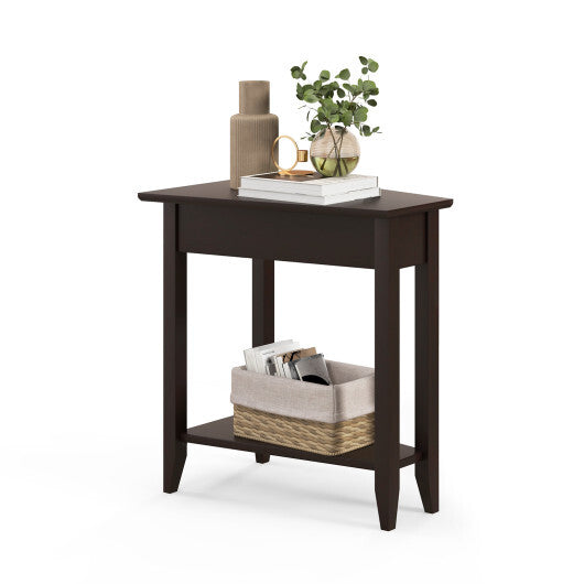 2-Tier Wedge Narrow End Table with Storage Shelf and Solid Wood Legs-White