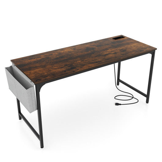 60 Inch Computer Desk with Charging Station Storage Bag-Rustic Brown W2B
