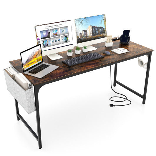 60 Inch Computer Desk with Charging Station Storage Bag-Rustic Brown W2B