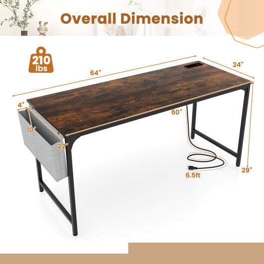60 Inch Computer Desk with Charging Station Storage Bag-Rustic Brown W2B