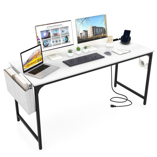 60 Inch Computer Desk with Charging Station Storage Bag-Rustic Brown W2B