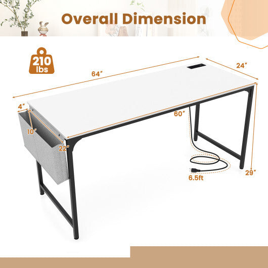 60 Inch Computer Desk with Charging Station Storage Bag-Rustic Brown W2B