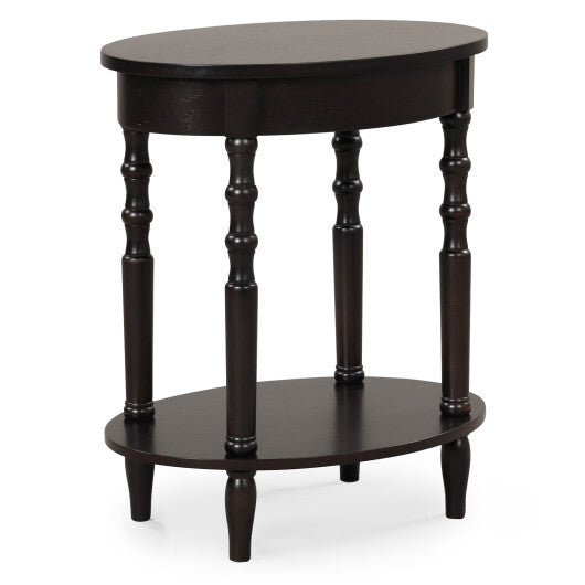 2-Tier Oval Side Table with Storage Shelf and Solid Wood Legs-Espresso W2B