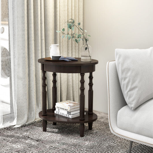 2-Tier Oval Side Table with Storage Shelf and Solid Wood Legs-Espresso W2B