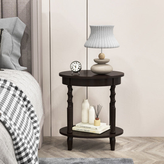 2-Tier Oval Side Table with Storage Shelf and Solid Wood Legs-Espresso W2B