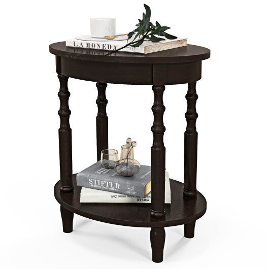 2-Tier Oval Side Table with Storage Shelf and Solid Wood Legs-Espresso W2B