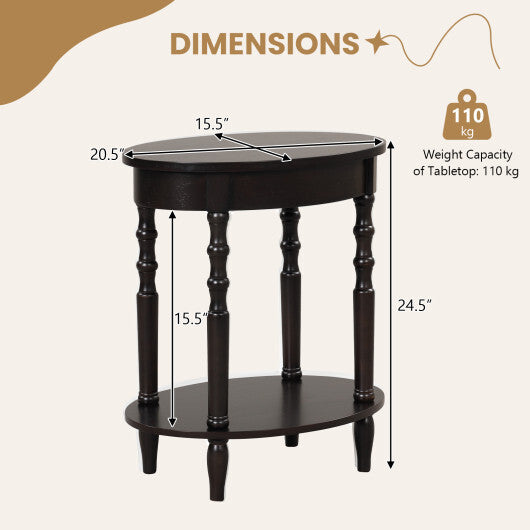 2-Tier Oval Side Table with Storage Shelf and Solid Wood Legs-Espresso W2B