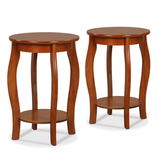 Set of 2 15 Inch 2-Tier Round End Table with Storage Shelf-White W2B