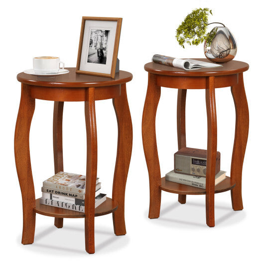 Set of 2 15 Inch 2-Tier Round End Table with Storage Shelf-White W2B