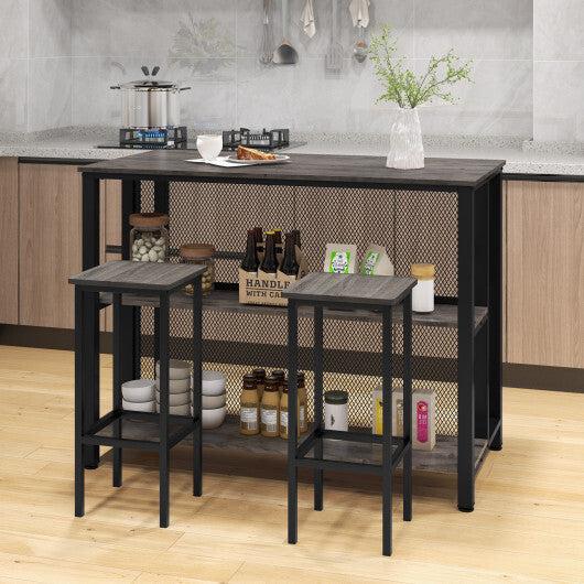 36 Inch 3-Tier Bar Table with Storage Metal Frame Adjustable Foot Pads for Dining Room-Gray W2B