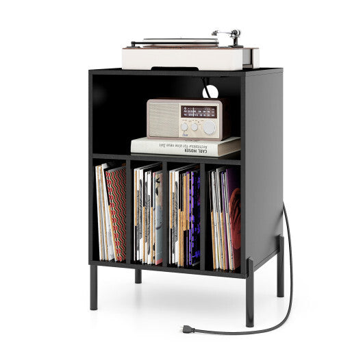 Record Player Stand with Record Storage Shelf and Charging Station-Natural W2B