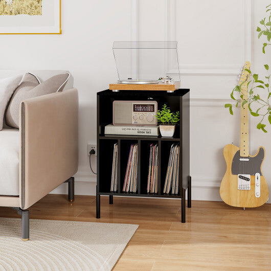 Record Player Stand with Record Storage Shelf and Charging Station-Natural W2B
