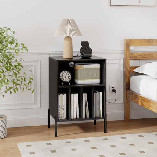Record Player Stand with Record Storage Shelf and Charging Station-Natural W2B