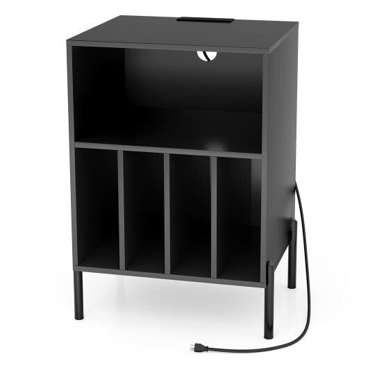 Record Player Stand with Record Storage Shelf and Charging Station-Natural W2B