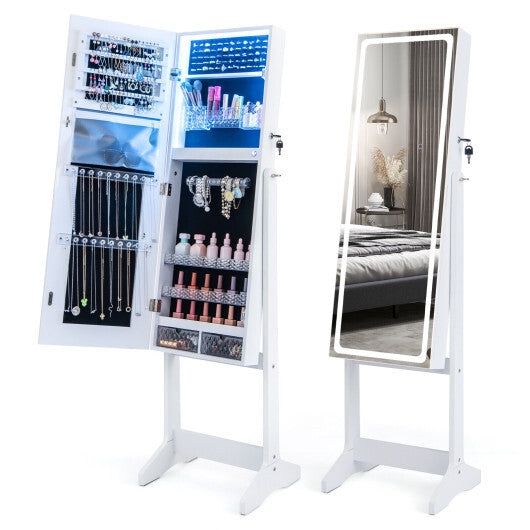 Lockable Jewelry Armoire Standing Cabinet with Lighted Full-Length Mirror-Walnut W2B