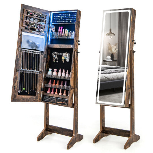 Lockable Jewelry Armoire Standing Cabinet with Lighted Full-Length Mirror-Walnut W2B