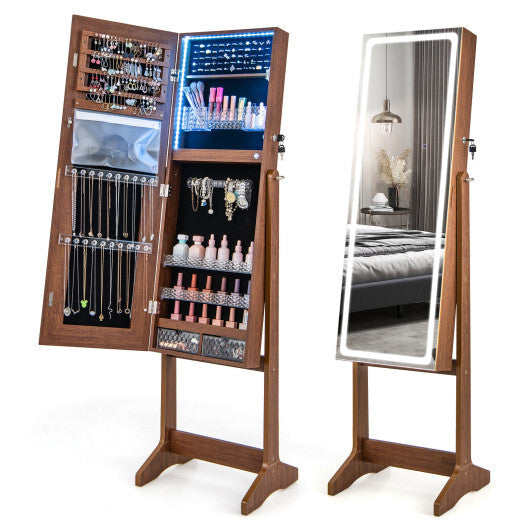 Lockable Jewelry Armoire Standing Cabinet with Lighted Full-Length Mirror-Walnut W2B