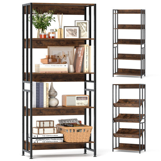 5-Tier Bookshelf with Adjustable and Tiltable Shelves-Rustic Brown W2B