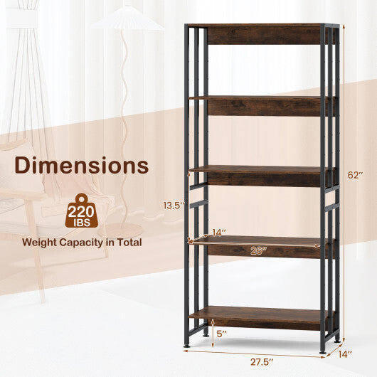 5-Tier Bookshelf with Adjustable and Tiltable Shelves-Rustic Brown W2B