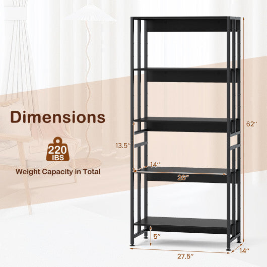5-Tier Bookshelf with Adjustable and Tiltable Shelves-Rustic Brown W2B