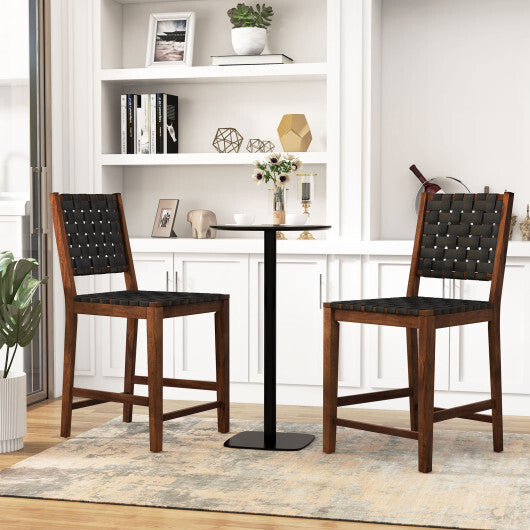 Set of 2 Woven Bar Stools with Faux PU Leather Straps-Black