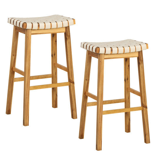 Faux PU Leather Bar Stools Set of 2 with Woven Curved Seat Natural-25.5 inches