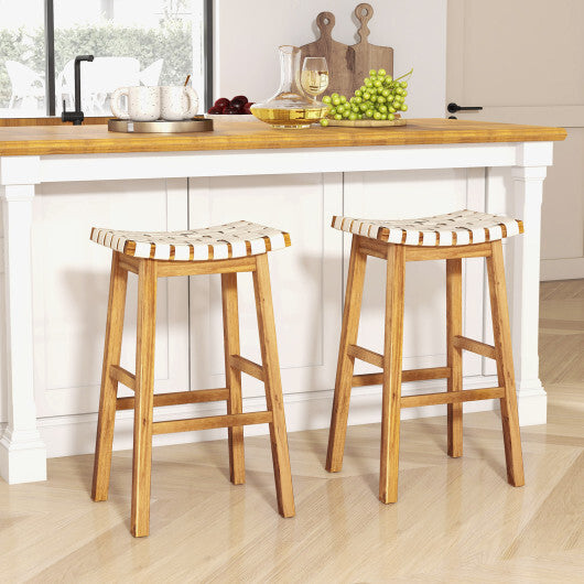 Faux PU Leather Bar Stools Set of 2 with Woven Curved Seat Natural-25.5 inches
