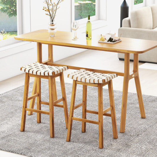 Faux PU Leather Bar Stools Set of 2 with Woven Curved Seat Natural-25.5 inches