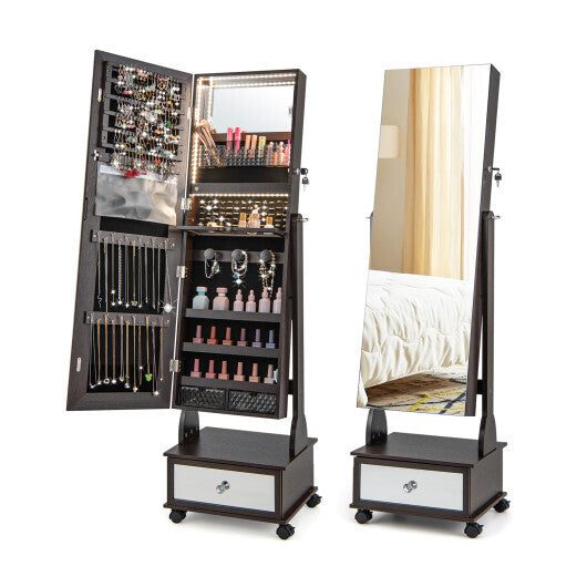 47 Inch Lockable Jewelry Cabinet Armoire with 3-Color LED Lights-Brown W2B